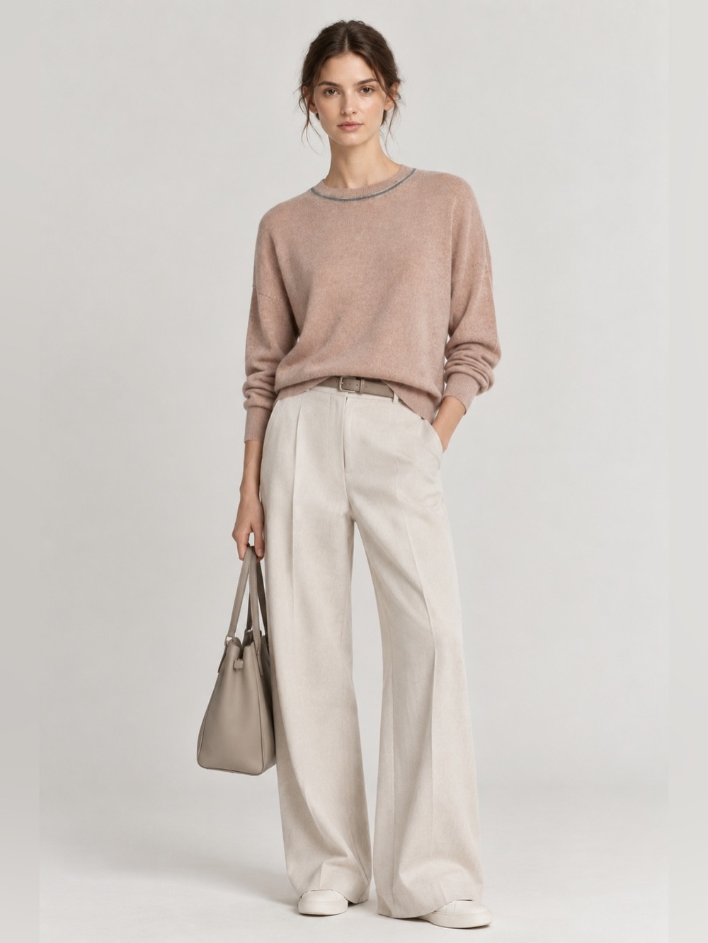 Brunello Cucinelli Dusty Rose Crewneck Sweater with Contrast Trim
